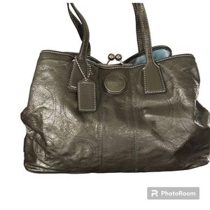 COACH Handbag Metallic‎ Grey Stitched Monogram Handles Snap Closure